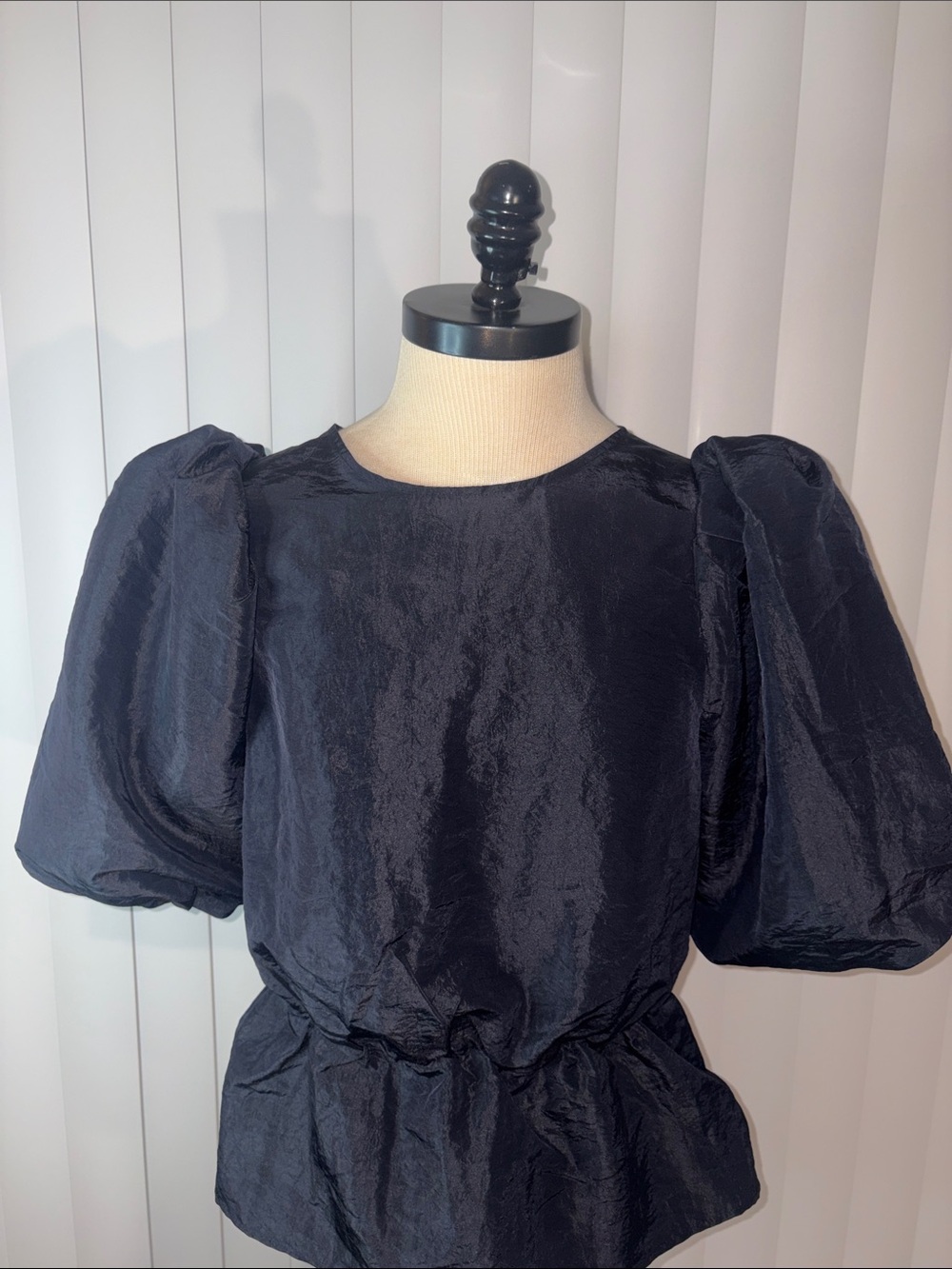 H&M Black Puff Sleeve Peplum Blouse Shimmer Windbreaker Top Medium - Picture 2 of 7